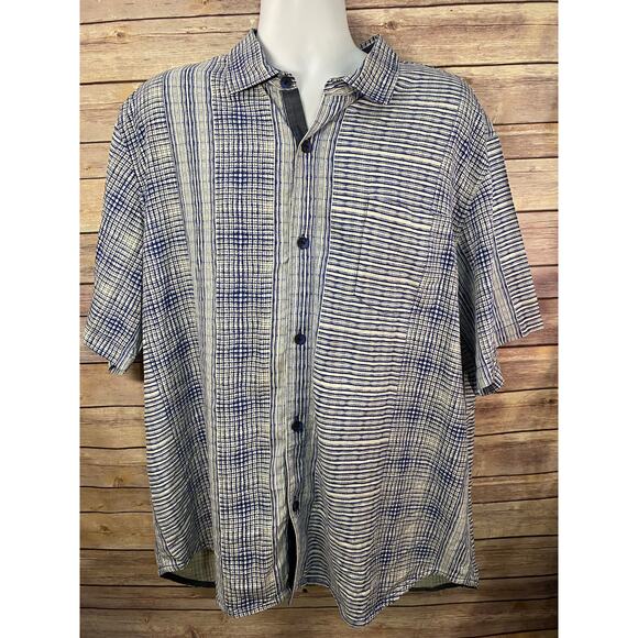 Tommy Bahama Silk Shirt 2XL Blue White Textured Stripe Short Sleeve Island Style - Picture 1 of 8